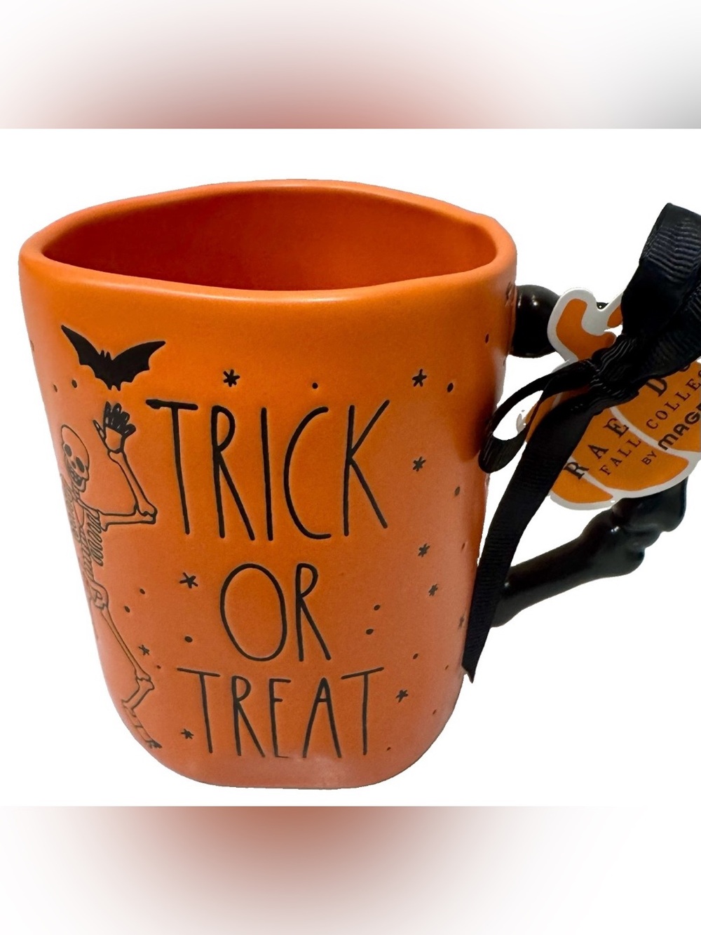 Rae Dunn Orange Halloween Coffee Mug “Trick or Treat” Black Skeletons & Bats NWT